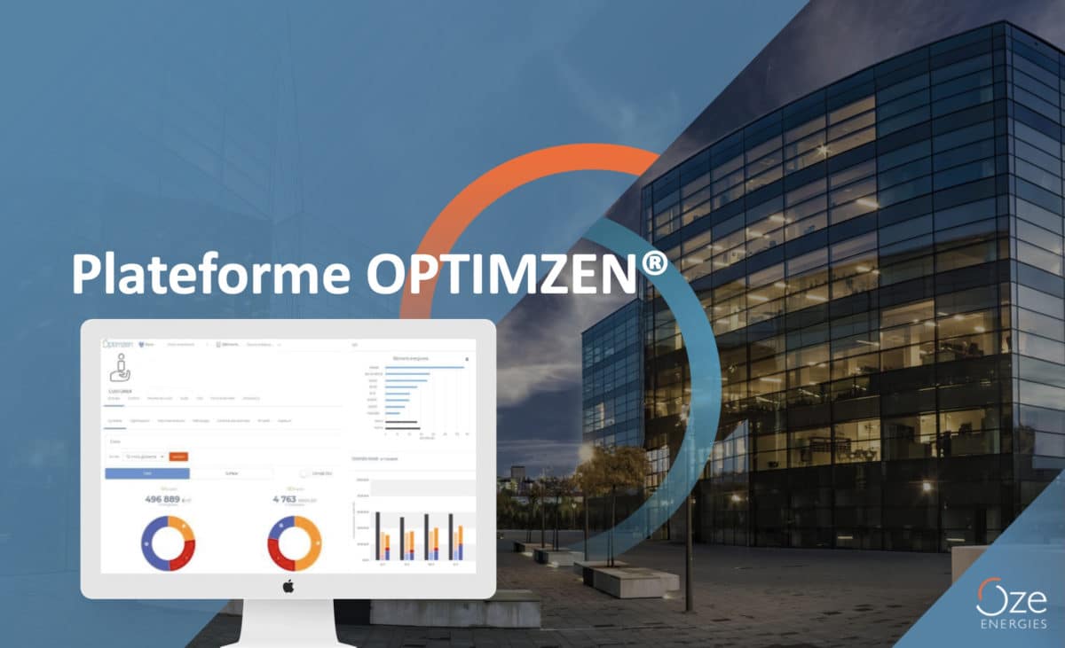bâtiment tertiaire avec un visuel de la plateforme OPTIMZEN